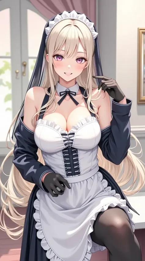  (masterpiece,  computer, mejor quality,  Clear focus, shadow, anime style, Ultra High Resolution, 8K, perfect anatomy, rostro perfecto, (detailed face), (  Detailed eye  ), score_9, score_8_up, score_7_up, score_6_up, score_5_up, score_4_up,  source _Animated, Label 1, Label2, quality_masterpiece, Anatomically Correct, beautiful face, rostro perfecto, Beautiful and highly detailed face and eyes, Attractive face, detailed face, delicate facial features, detailed leather, huge breasts, breast size cup D or DD, caderas anchas, gigantic butt texture, thick thighs. anime style illustration with a charming and attractive appearance, With long hair, of blue tones. She wears the outfit of a servant or butler, that includes a white dress with black details and an apron with decorative trims. Besides, she wears a black veil with white details and a bow,  that partially covers his hair . Her eyes are a shade of pink, and her expression is somewhat shy or thoughtful, as she crosses her arms around her torso. On her hands she wears dark gloves, and a soft and warm environment is observed in the background, with details of what looks like an elegant castle or residence.