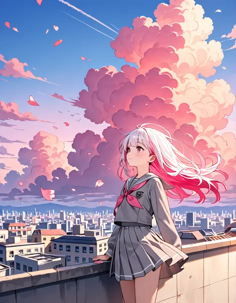 girl, white with a touch of pink hair, grey school clothes, City: School roof, on the school roof, Backdrop, pink sunset, pink big clouds, wind, flower petals.