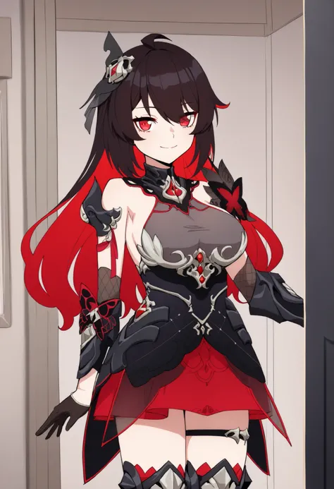 high quality, best image quality, masterpiece, animation, recent,1 girl, alone, SeeleVelionaNyx, red eyes, black and red hair, Two-tone hair, multicolored hair, colored inner hair, long hair, The hairs between the eyes, Ahogeo, headdress,  sleeveless shirt...