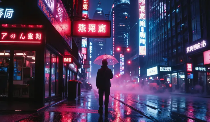 A hyper‑detailed 4K cinematic still of a rainy cyberpunk street at night, drenched in neon pink and blue lights reflecting off wet asphalt. Towering skyscrapers loom above, their façades covered in flickering holographic ads and Japanese kanji. A lone figu...