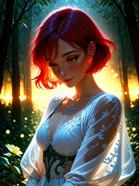 cute woman under drizzling rain, (elegant, beautiful face), transparent white dress, forest moss, (freckles:0.8), flowers feld, , curly red hair, magical atmosphere, (short hair), ((detailed skin, skin texture)), ultradetailed, (intricately detailed, fine ...