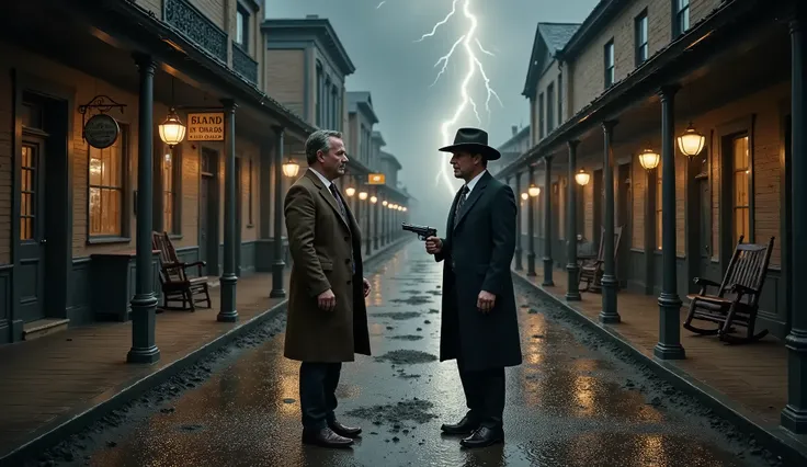 Panoramic Angular shot set on a [muddy, rain-soaked street in the heart of a decaying Old West village], captures [Arthur Morgan and Dutch Van Der Linde], two seasoned gunslingers.

Both are leaving the saloon as the rain pours down hard, pelting the groun...