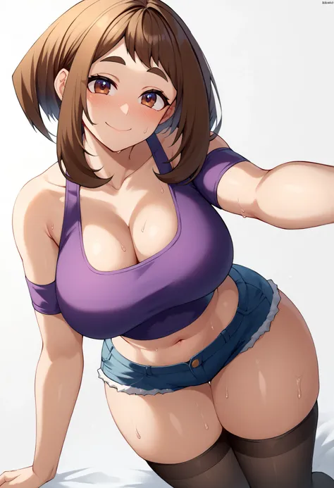 (masutepiece, Best Quality, hight resolution,, Perfect Pixel, depth of fields, 4K), Beautiful anime girl, Perfect body , uraraka ochako ,, ,,, cleavage, navel,, , , jewelry, , , sweat, , ,looking at viewer, , , ,, smile, , blush, with an extremely curvy an...
