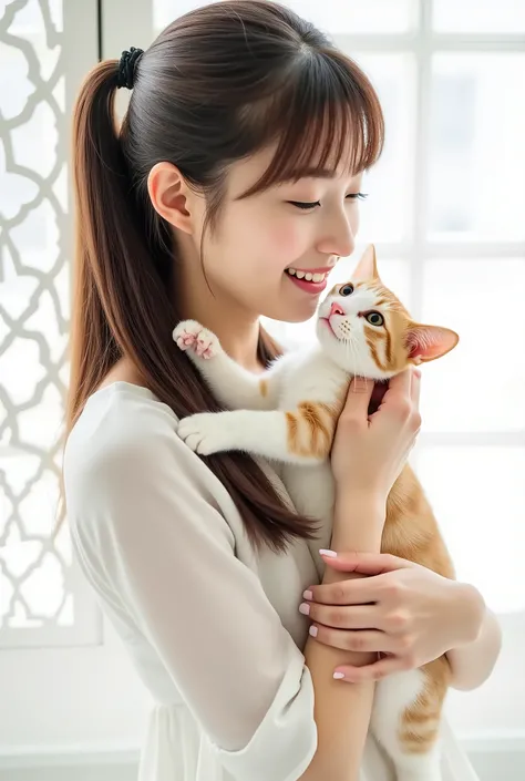 Create a photo collection featuring a beautiful Japanese idol girl with fair skin. She has long straight hair styled in a ponytail with bangs. Dressed in a pure white dress, she is in a bright, white room with white lattice windows. The girl is gently hold...