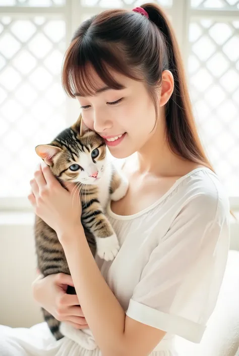 Create a photo collection featuring a beautiful Japanese idol girl with fair skin. She has long straight hair styled in a ponytail with bangs. Dressed in a pure white dress, she is in a bright, white room with white lattice windows. The girl is gently hold...