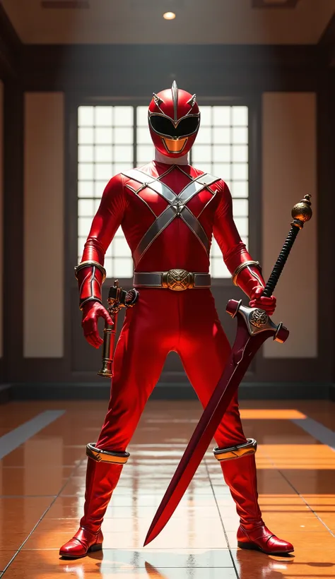 G1 Red Power Ranger, wield his red theme sword, epic position with sword by his body poiting up, background is a dojo,