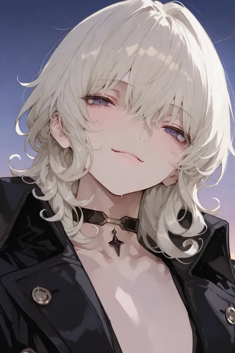 masterpiece, best quality, Detailed Eyes, male_only, handsome, seductive_smile, platinum_hair, medium_hair, curly hair, light_sky_blue_eye, tear point, black_long_coat, choker, portrait_face only
