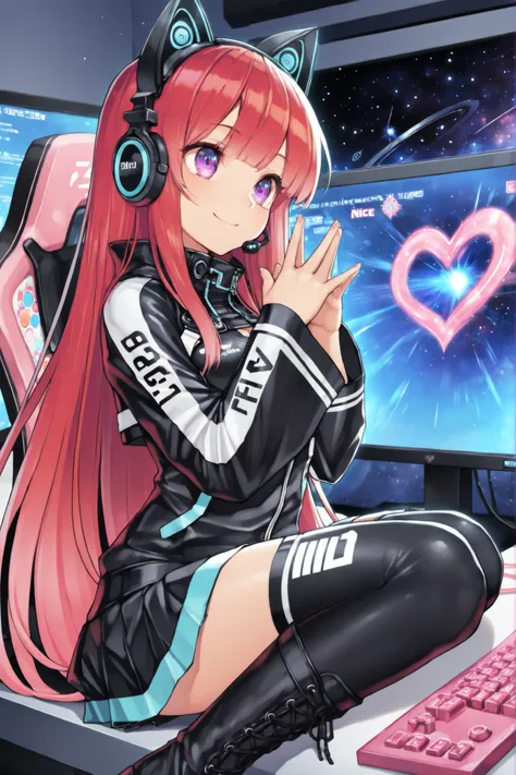 A beautiful woman (nice curves), with long red hair with pink tips and bright purple eyes like galaxies, (eyes rich in detail), (eyes detailed), wearing a futuristic black outfit with bright blue details on the sleeves. She wears cat-ear headphones and a ...
