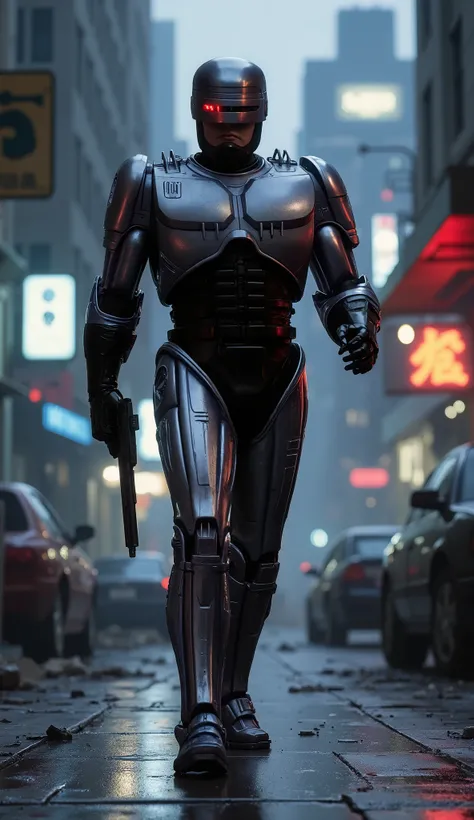 Classic Robocop, walking thru Detroit with his gun in hand, 