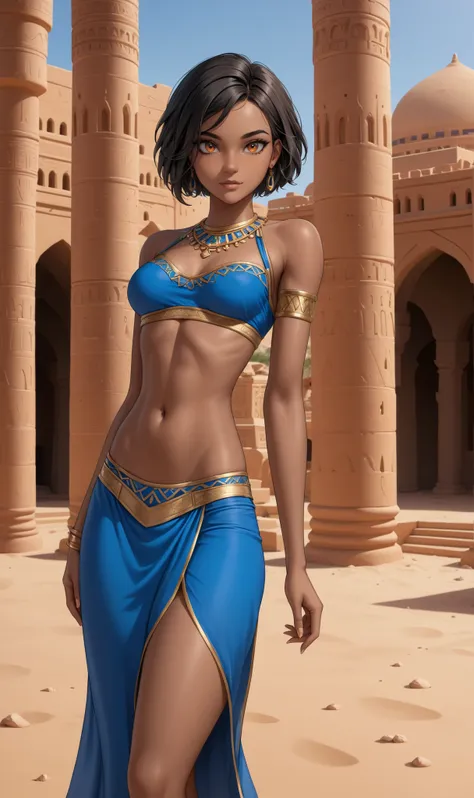 1girl, 25 years old, woman, dark brown hair, very short hair, adult, dark skin, ebony skin, blue arab clothing, arab skirt, at the desert palace, attractive body, slim strong fit belly, black hair, orange eyes