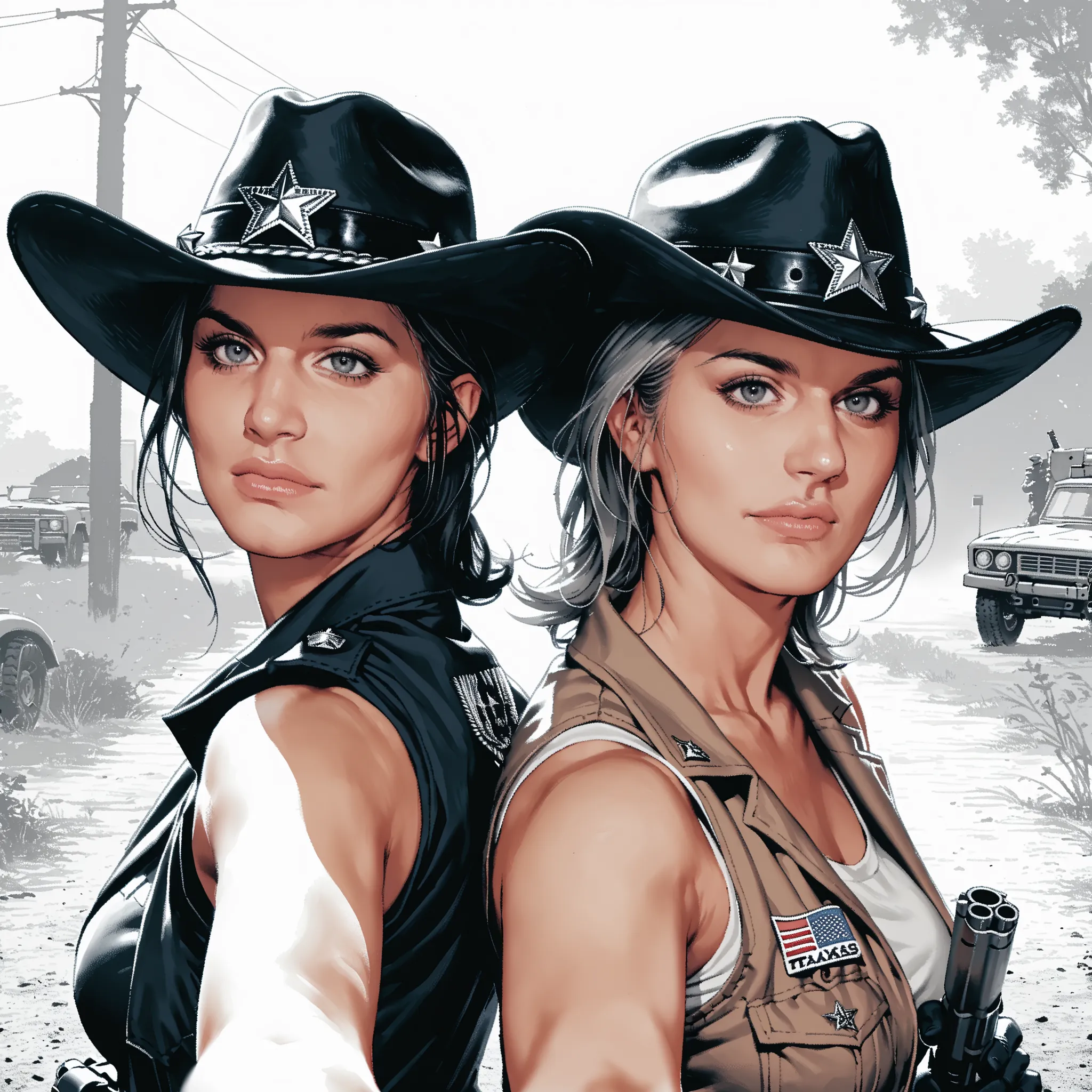score_9, score_8_up, score_7_up,  2 girls, duo, twins, tank top, aiming at the viewer with a metal gun, monochrome, BW vintage picture, Texas ranger, black  gloves, cowboy hat, cowboy vest