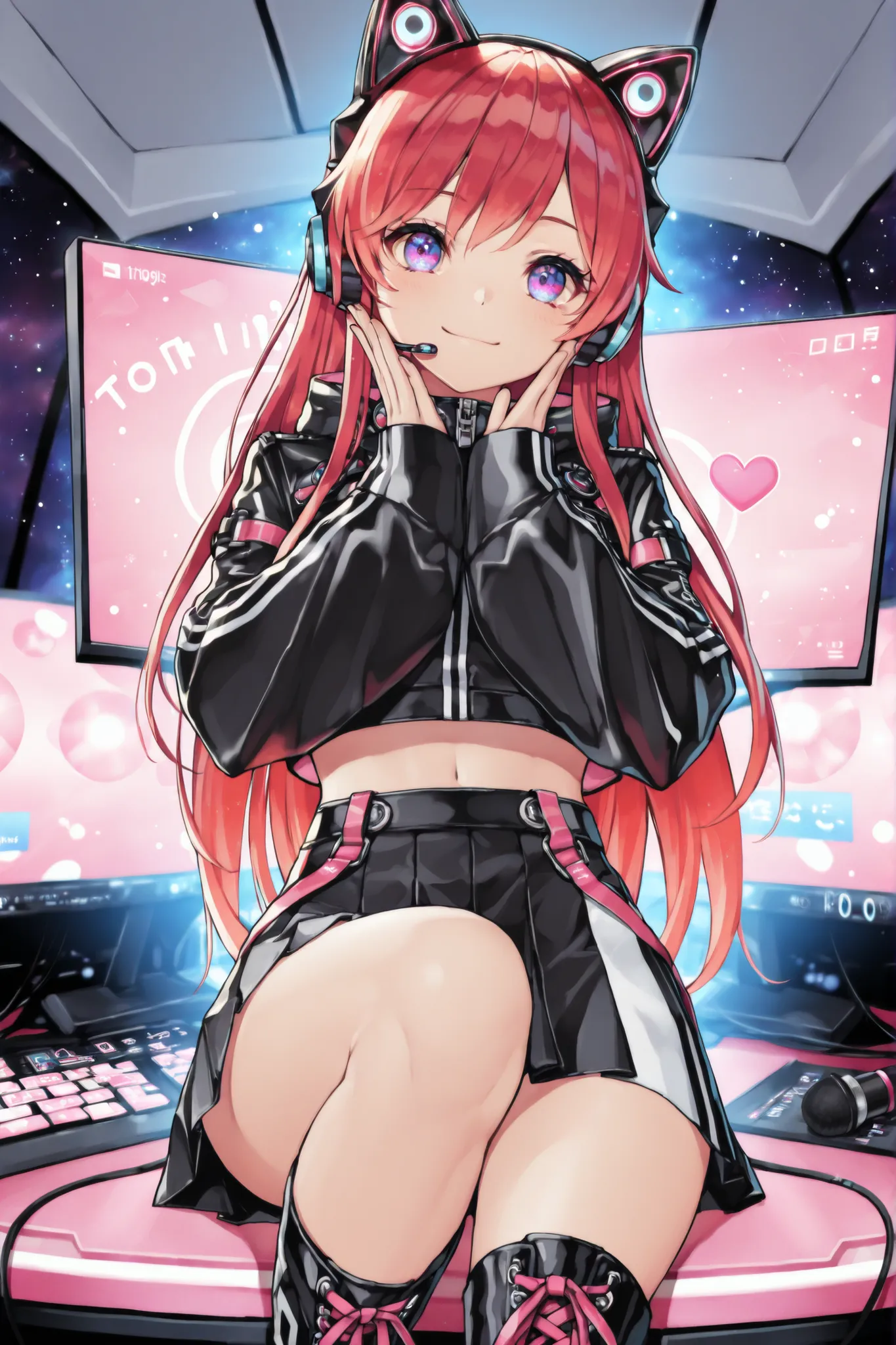 A beautiful woman (nice curves), with long red hair with pink tips and bright purple eyes like galaxies, (eyes rich in detail), (eyes detailed), wearing a futuristic black outfit with bright blue details on the sleeves. She wears cat-ear headphones and a ...
