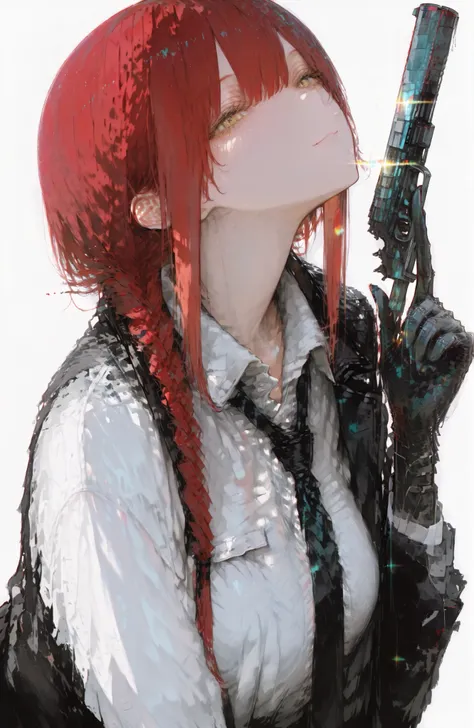 1Girl, Solo, Braided hair on one side, yellow eyes, masterpiece, accurate, High detail , High Quality , High definition, half pack, gun finger, illustration , white shirt, black tie, white background, modern style clothes, light, beautiful face, ...