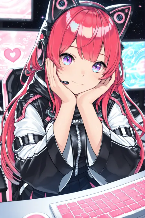 A beautiful woman (nice curves), with long red hair with pink tips and bright purple eyes like galaxies, (eyes rich in detail), (eyes detailed), wearing a futuristic black outfit with bright blue details on the sleeves. She wears cat-ear headphones and a ...