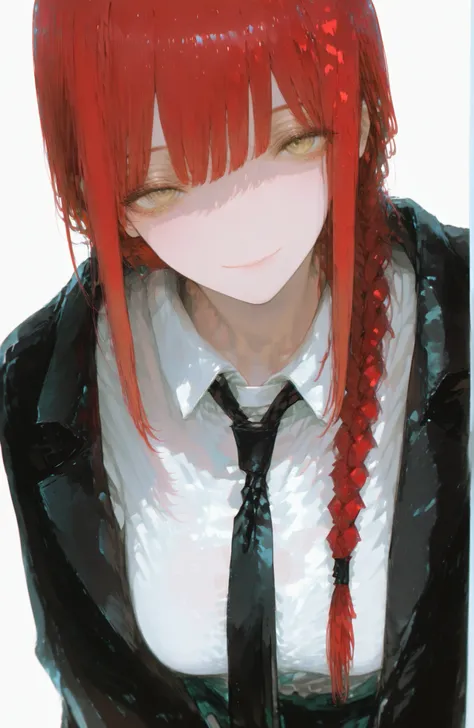 1Girl, Solo, Braided hair on one side,  yellow eyes,  masterpiece, accurate,  High detail ,  High Quality , High definition,  half pack,  big chest,  illustration ,  white shirt,  black tie, white background, modern style clothes, light,  beautiful face,  ...