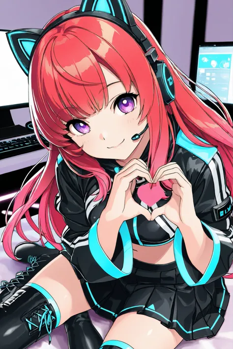 A beautiful woman, (nice curves), with long red hair with pink tips and bright purple eyes, (eyes rich in detail), (eyes detailed), wearing a futuristic black outfit with bright blue details on the sleeves. She wears cat-ear headphones and a headset micro...