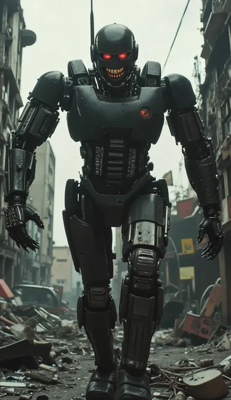  Robocop x Monster-machine hybrid, walking thru (dark/ugly Detroit) with his gun in hand, monster machine, murderer, psycho, monster machine claws for hands, 