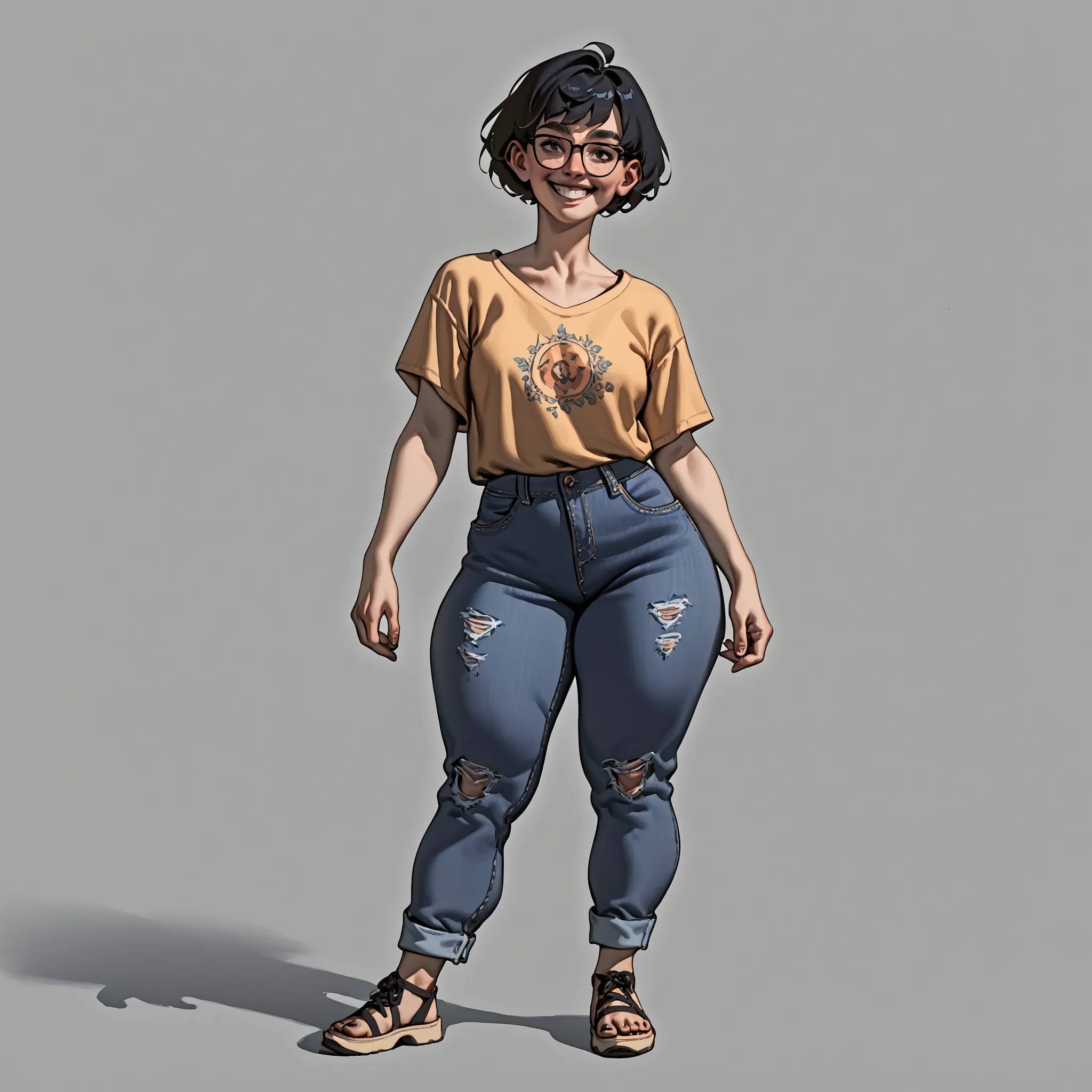 score_9, score_8_up, score_7_up, black nerdy thick female with a smile in her face. Short hair, full body view. Casual clothes