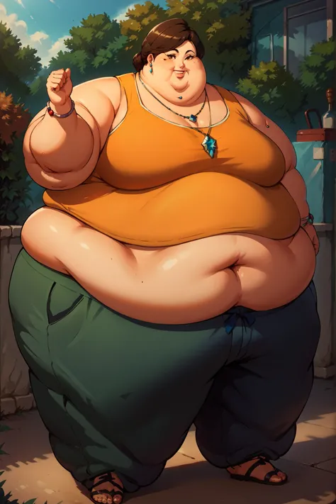 score_9, score_8_up, score_7_up, score_6_up, source_anime, BREAK masterpiece, brown eyes, makeup, 
necklace, piercing
bracelet
tank top, baggy pants, full body, smile, cowboy shot, outdoors, fat, SSBBW