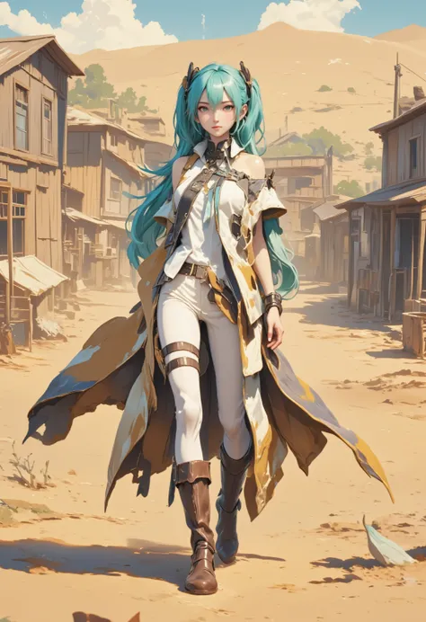 "Miku Hatsune in minimalist western attire, turquoise twin-tails contrasting with desert warm tones, matte-textured leather accents, soft environmental lighting highlighting wooden town details, flat illustration style with panoramic desert backdrop contai...