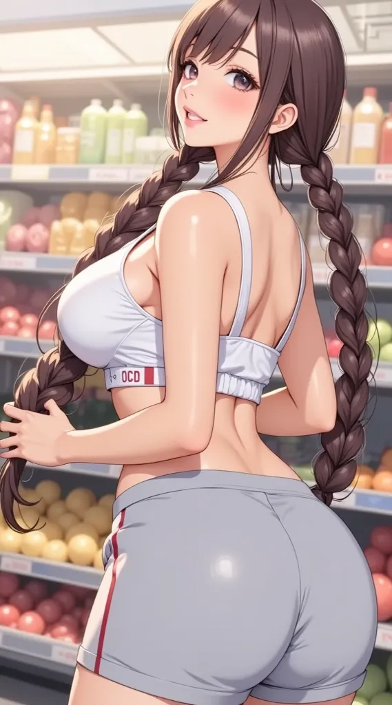  (masterpiece,  computer, mejor quality,  Clear focus, shadow, anime style, Ultra High Resolution, 8K, perfect anatomy, rostro perfecto, (detailed face), (  Detailed eye  ), score_9, score_8_up, score_7_up, score_6_up, score_5_up, score_4_up,  source _Animated, Label 1, Label2, quality_masterpiece, Anatomically Correct, beautiful face, rostro perfecto, Beautiful and highly detailed face and eyes, Attractive face, detailed face, delicate facial features, detailed leather, huge breasts, breast size cup D or DD, caderas anchas, gigantic butt texture, thick thighs. Anime-style illustration with a sensual and attractive appearance, with large and expressive honey-colored eyes, fair skin and slightly blushed face. She wears long hair, straight and brown with shiny reflections, hairstyle with two braids that she holds with her hands. She wears a white sports top, ajustado y corto, details that reveal most of her back and abdomen. She has an excessively large bust, hyperrealistic anime style.  The woman is on her back , turning the torso toward the camera with a flirty expression. She wears very short white shorts with red.  is in a supermarket , in the refrigerator aisle, with bottles and vegetables visible in the background. Bright lighting and highly detailed and polished digital art style, with bright reflections on the skin.