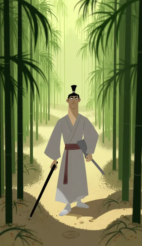 (Classic Samurai Jack) walking thru a bamboo forest, character hand lays on the handlegrip of the katana, clean shave, perfect, masterpiece, 4k, Anatomically Correct, white outfit,