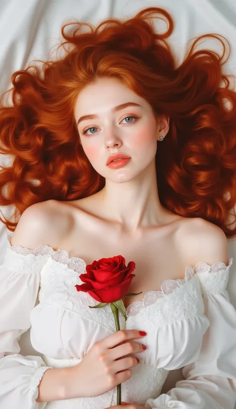 
flowing red curls, wearing an elegant off-shoulder white dress with lace details, holding a single red rose, lying on a white fabric background, Create a calm and ethereal atmosphere. The lighting is soft and even , highlighting the vibrant hair and delic...