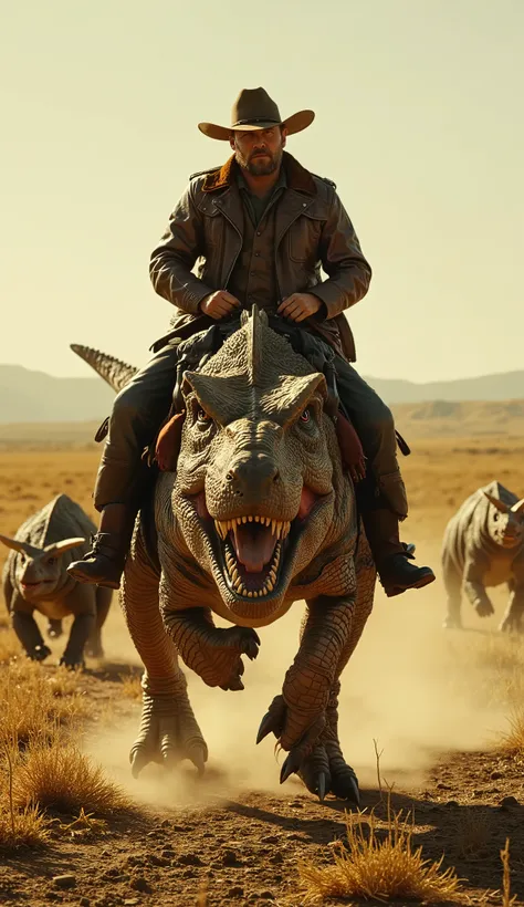 (Masterpiece, best quality, 8K, UHD, photorealistic, ultra-detailed, film grain, cinematic lighting)*. A breathtaking wide-angle cinematic shot in a dystopian neo-retro-futuristic world, 1950s Americana style. A rugged cowboy in a vintage leather jacket co...
