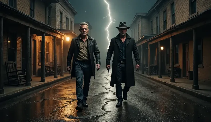 An angled panning shot, set on a [muddy, rain-soaked street in the heart of a decaying Old West village], captures [Jack Crowley and Dalton Jeremiah Cross], two seasoned gunslingers.

Both are leaving the saloon as the rain pours down, pelting the ground a...