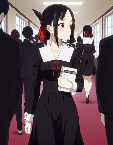 masterpiece, best quality, amazing quality,,  kaguya shinomiya, short hair, bangs, black hair, red eyes, hair ribbon, sidelocks, folded ponytail, parted bangs, mature female, small breasts, anime screencap, long sleeves, dress, ribbon, school uniform, coll...