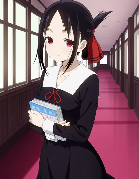 masterpiece, best quality, amazing quality,,  kaguya shinomiya, short hair, bangs, black hair, red eyes, hair ribbon, sidelocks, folded ponytail, parted bangs, mature female, small breasts, anime screencap, long sleeves, dress, ribbon, school uniform, coll...