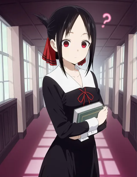 masterpiece, best quality, amazing quality,,  kaguya shinomiya, short hair, bangs, black hair, red eyes, hair ribbon, sidelocks, folded ponytail, parted bangs, mature female, small breasts, anime screencap, long sleeves, dress, ribbon, school uniform, coll...