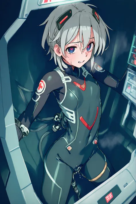 Empty Blue Eyes 、long gray hair、bodysuit、headgear、(Incorporated into the machine) 、((Young physique、 lori、 I'm agitated for pleasure))、anime style、high image quality、High Quality。 in the cockpit、erotic、body modification、Biological Unit、sex machine