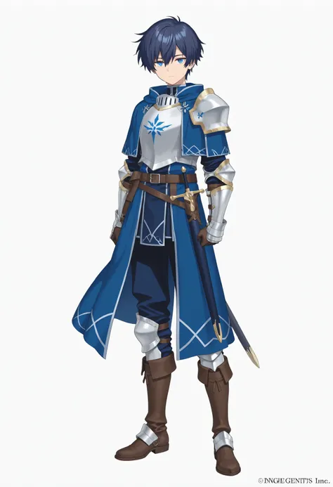 Highest Quality masterpiece super res delicate details white background 1man with ko brown hair animeイラスト anime dark blue hair blue eyes bungs short hair cool expressionless sharp Knight The brave man's blue outfit Knight pants boots