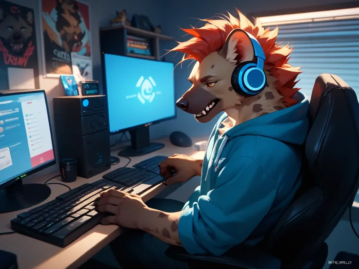a gnoll (hyena man) sitting in a computer chair, playing a cumputer game, wearing headphones