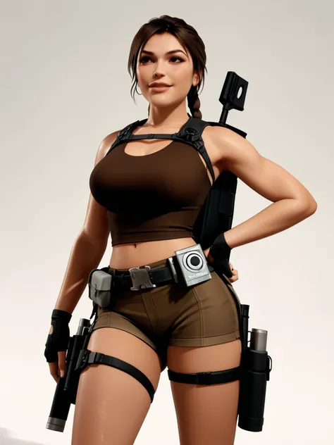 Upper-body (illustration) of a heroic, athletic adventurer (Lara Croft) wearing a ((very low-cut)) brown crop top, ((dark brown)) tactical shorts, two black thigh-mounted holsters, black fingerless gloves, black utility belt and her tiny brown backpack; lo...