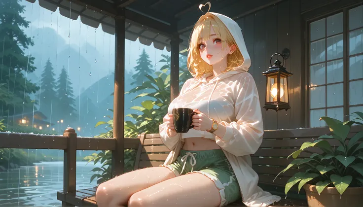 A girl with a nice body and nice breasts lounges under a thatched beach cabana, her perfect face softly lit by a warm lantern. Rain falls gently around her as she sips hot coffee, wearing a loose hoodie and shorts. Her perfect eyes watch the raindrops slid...
