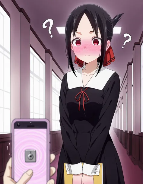 masterpiece, best quality, amazing quality,,  kaguya shinomiya, short hair, bangs, black hair, red eyes, hair ribbon, sidelocks, folded ponytail, parted bangs, mature female, small breasts, anime screencap, long sleeves, dress, ribbon, school uniform, coll...