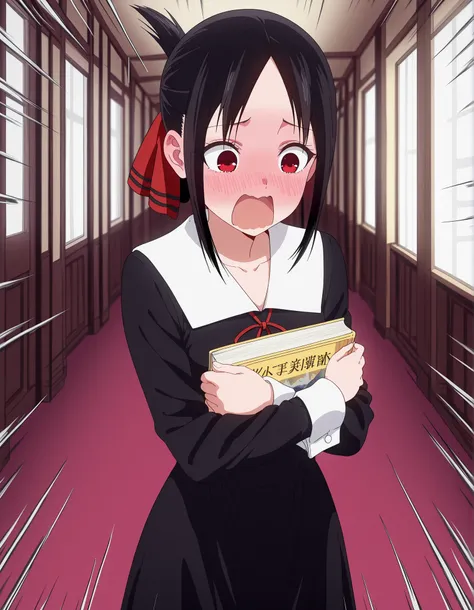 masterpiece, best quality, amazing quality,,  kaguya shinomiya, short hair, bangs, black hair, red eyes, hair ribbon, sidelocks, folded ponytail, parted bangs, mature female, small breasts, anime screencap, long sleeves, dress, ribbon, school uniform, coll...