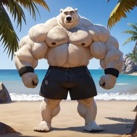 huge muscular polar bear in beach, big hulking flex, grunting smirk, polar bear, huge white fur, thick arm, huge arm, added thick colored gray mustache and beard, short white hair, (veiny muscular, pectoral, wide pectoral, thick arms), beach, palm, Disney,...