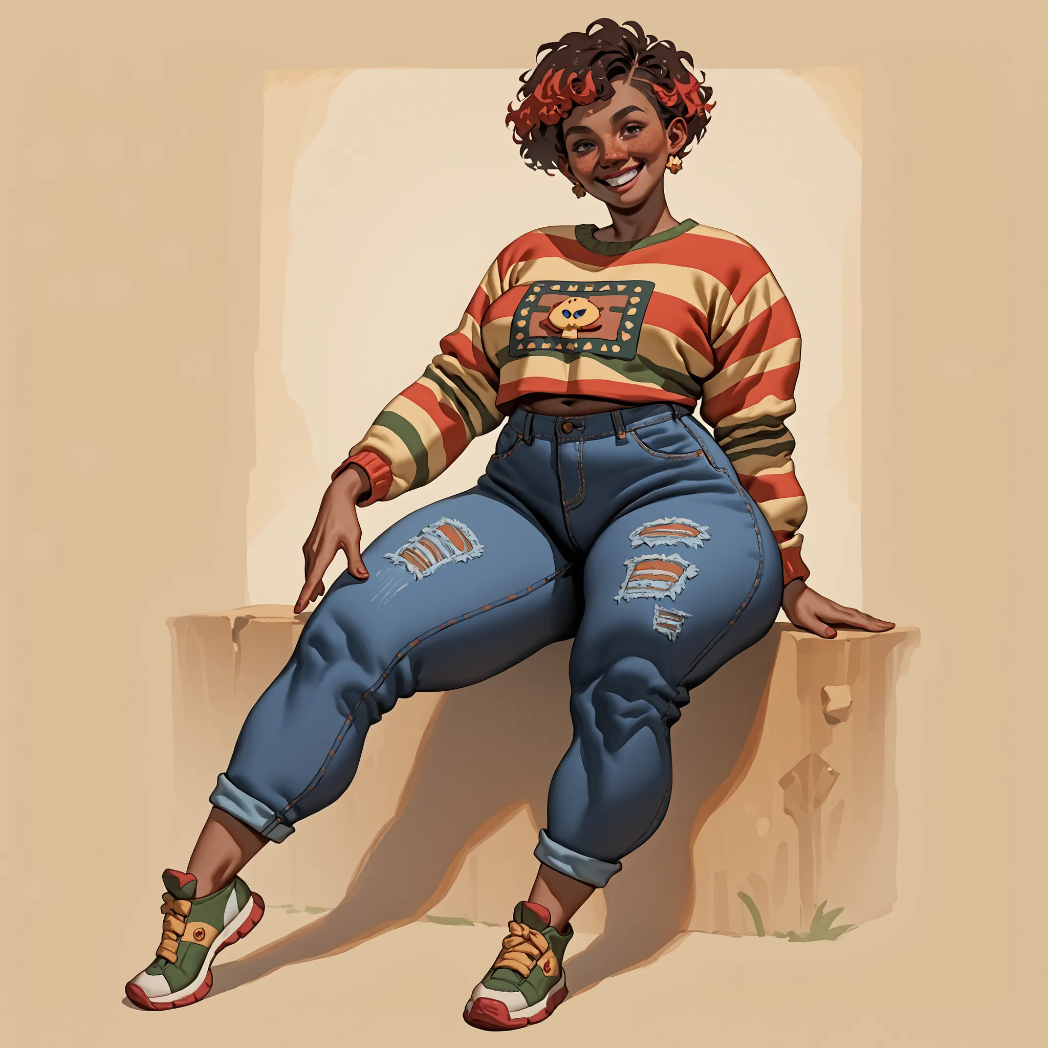 score_9, score_8_up, score_7_up, african american nerdy thick female with a smile in her face. Short hair, full body view.