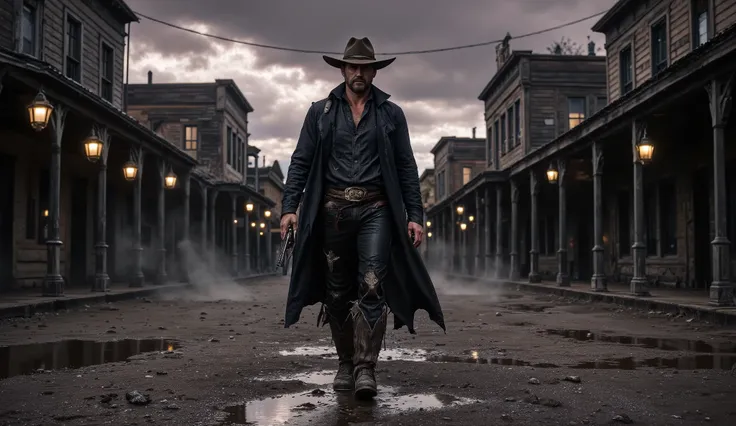 ( jack Crowley) - Hyper-realistic cinematic wide shot captured in 16:9 aspect ratio: a solitary cowboy walks slowly down the center of a deserted, mud-soaked street in a crumbling, forgotten Old West town at dusk. The cold air hangs heavy with mist and the...