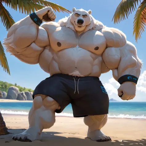 huge muscular polar bear in beach, big hulking flex, grunting smirk, polar bear, huge white fur, thick arm, huge arm, added thick colored gray mustache and beard, short white hair, (veiny muscular, pectoral, wide pectoral, thick arms), beach, palm, Disney,...