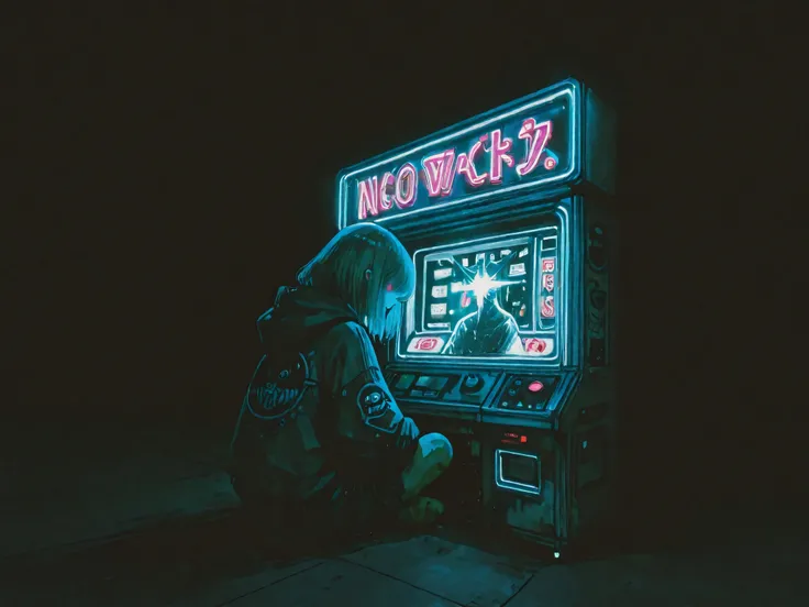A foreboding dark lo-fi art scene painted on a black background: a young woman sits in a dimly lit underground arcade, facing the large display of a game cabinet. The screen shows alien imagery, creating a dark, atmospheric composition. Neon lights illumin...