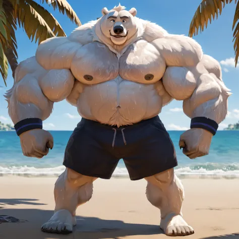 huge muscular polar bear in beach, big hulking flex, grunting smirk, polar bear, huge white fur, thick arm, huge arm, added thick colored gray mustache and beard, short white hair, (veiny muscular, pectoral, wide pectoral, thick arms), beach, palm, Disney,...