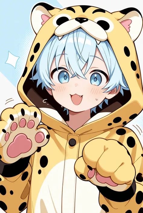 1 boy、 Gold、light blue eyes、Cheetah costume 、cute、 mischievous、Slightly bouncing hair