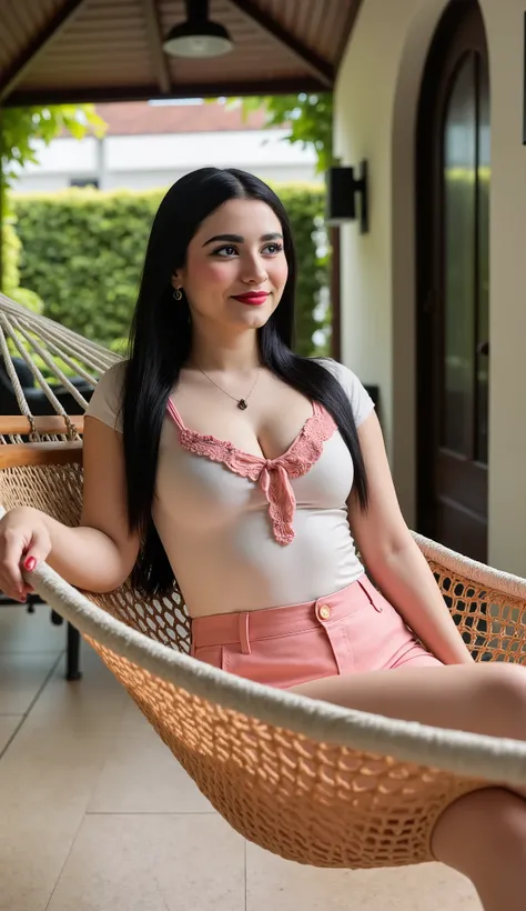 Realistic selfie of a woman, long black hair, resting in a hammock on a patio of a house, relaxed expression, High Quality, 4k, photography, studio lighting, sharp focus, vibrant colors, warm color scheme, Patio with vegetation, sombreado suave, natural dy...