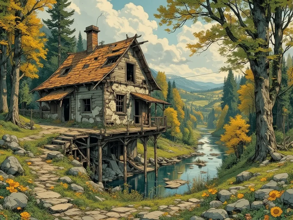  masterpiece, (top quality, create a high-resolution,4k, 8 k),(realistic, photorealistic: 1.5), Flemish painting, landscape with a dilapidated hut above the river, precise details , low angle shot:1.7