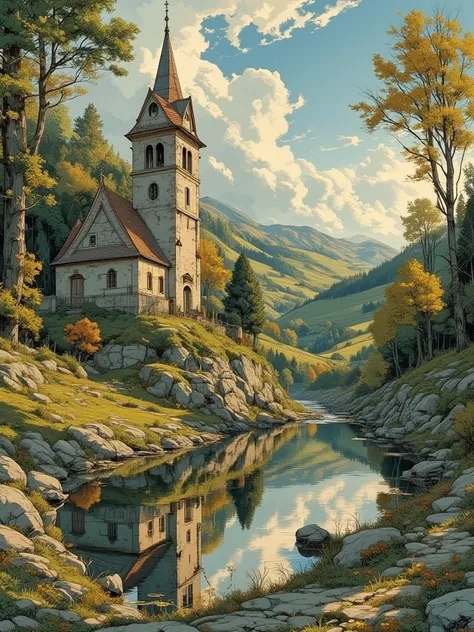  masterpiece, (top quality, create a high-resolution,4k, 8 k),(realistic, photorealistic: 1.5), Flemish painting, landscape with a small chapel above the river, precise details , low angle shot:1.7
