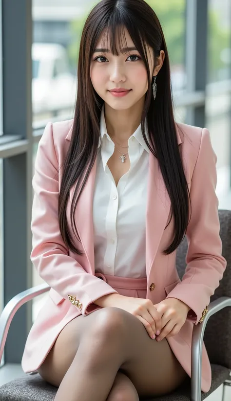 (full body image:1.5), (Beautiful leg line from thighs to high heels:1.5), (From the top of her head to the tips of her feet :1.5), Sleek long black hair , Professional Office Lady with Long Dark Hair, is sitting in a chair with her legs crossed, The heig...